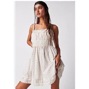 Free People Gabby Mini Dress Babydoll White Cherry Print Smocked Prairie Square